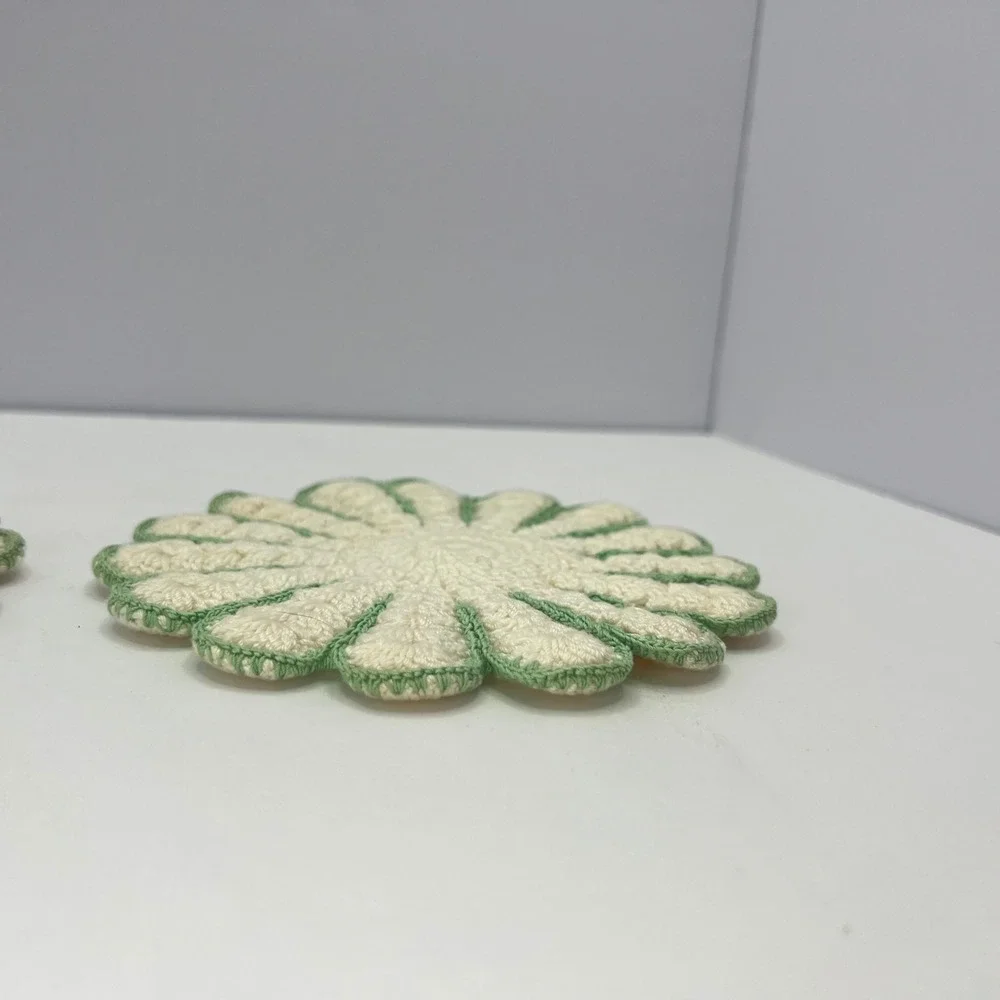 Handmade Crochet Daisy Coasters Set of 2 Vintage Floral Retro Boho Grandma Green